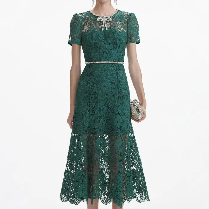 Self Portrait Dresses Green Lace Diamante Bow Midi Dress 8211 Women