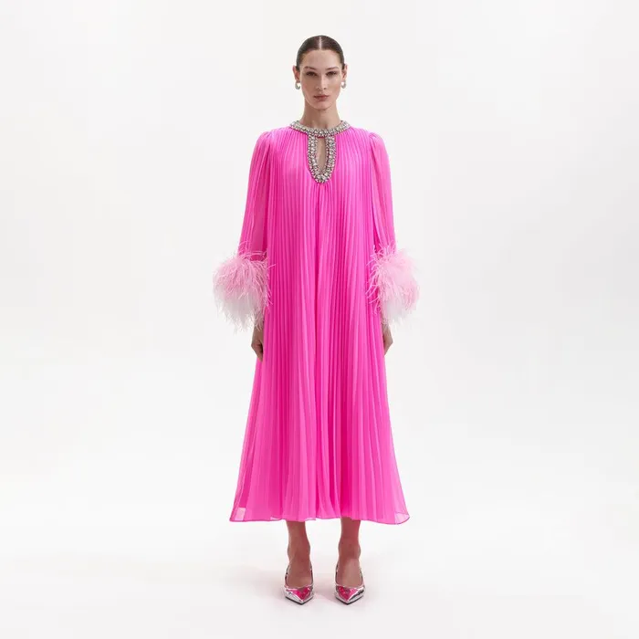 Self Portrait Dresses Pink Chiffon Feather Midi Dress 8211 Women