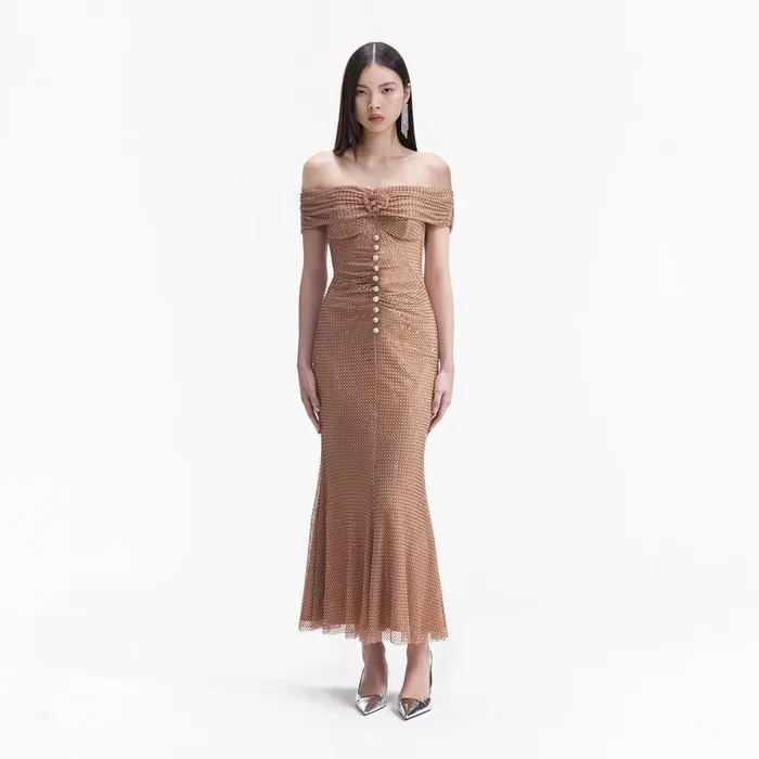 Self Portrait Dresses Tan Rhinestone Midi Dress 8211 Women