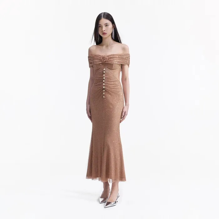Self Portrait Dresses Tan Rhinestone Midi Dress 8211 Women