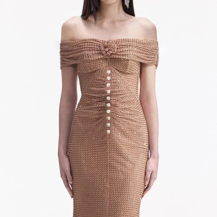 Self Portrait Dresses Tan Rhinestone Midi Dress 8211 Women