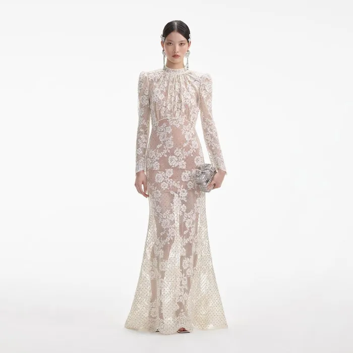 Self Portrait Dresses White Rhinestone Lace Maxi Dress 8211 Women