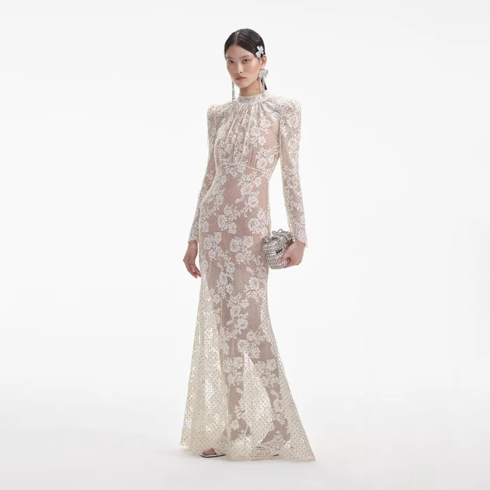 Self Portrait Dresses White Rhinestone Lace Maxi Dress 8211 Women