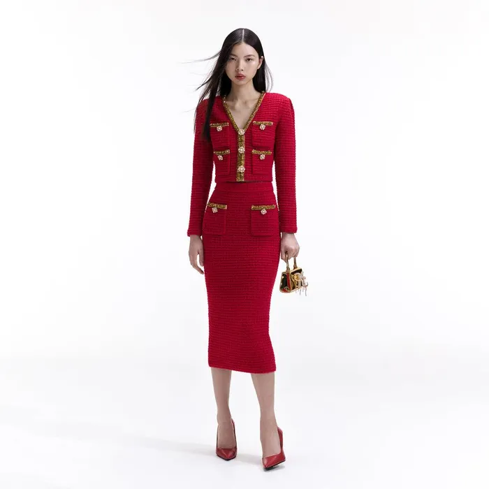 Self Portrait Knitwear Red Knit Midi Skirt 8211 Women