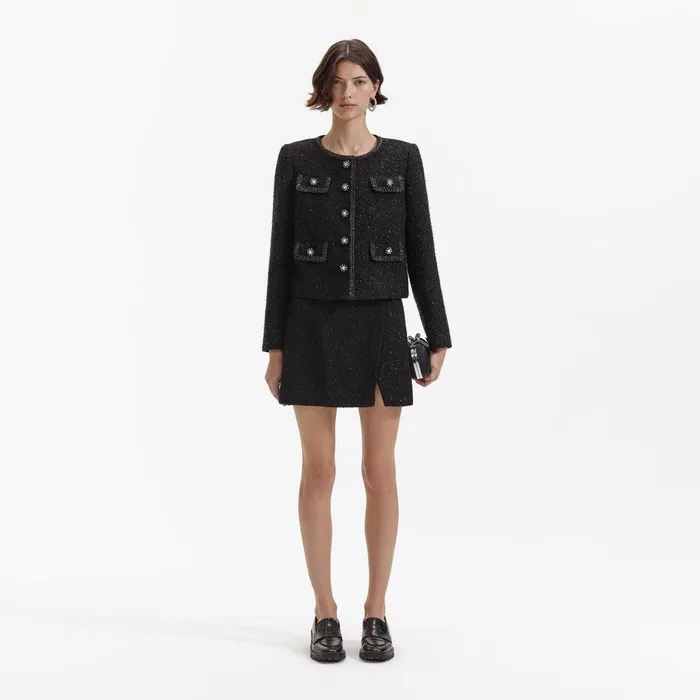 Self Portrait Outerwear Black Boucle Trimmed Jacket 8211 Women