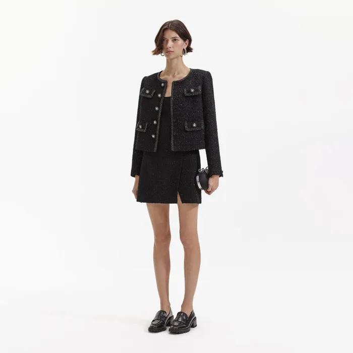 Self Portrait Outerwear Black Boucle Trimmed Jacket 8211 Women