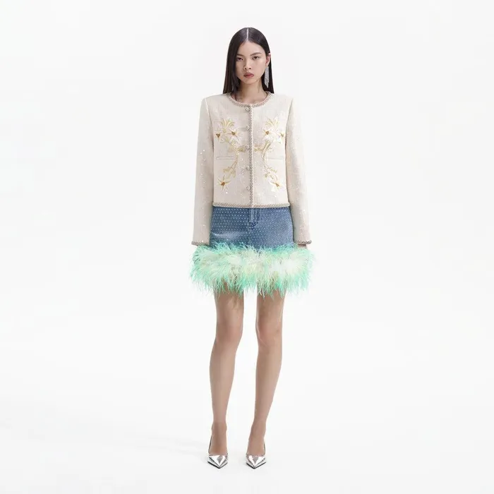 Self Portrait Outerwear Cream Hand Embroidered Lily Boucle Jacket 8211 Women