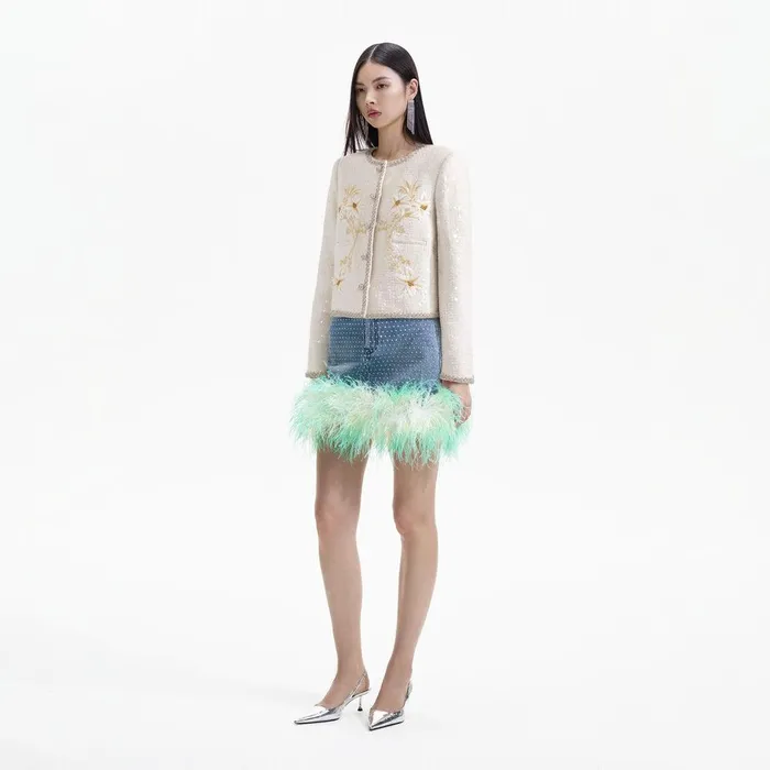 Self Portrait Outerwear Cream Hand Embroidered Lily Boucle Jacket 8211 Women