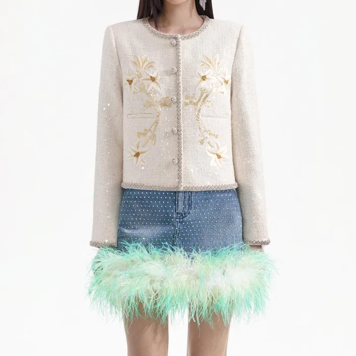 Self Portrait Outerwear Cream Hand Embroidered Lily Boucle Jacket 8211 Women