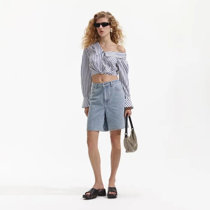 Self Portrait Swim and Resort Blue Stripe Cotton Crop Top 8211 Women