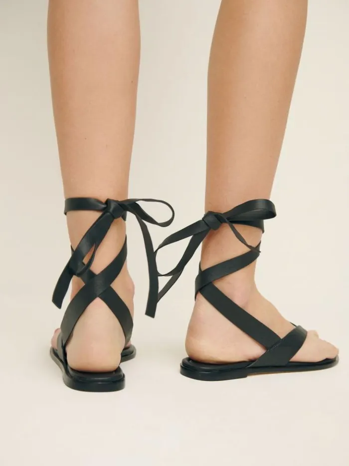 Shoes The Reformation Justine Lace Up Thong Sandal Black Leather