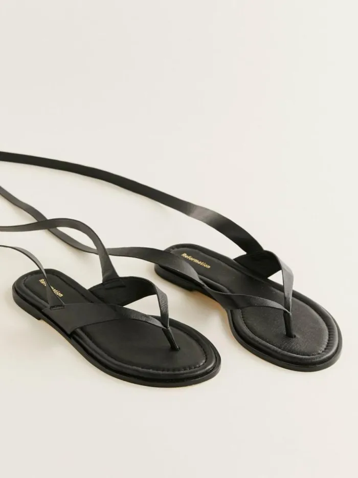 Shoes The Reformation Justine Lace Up Thong Sandal Black Leather