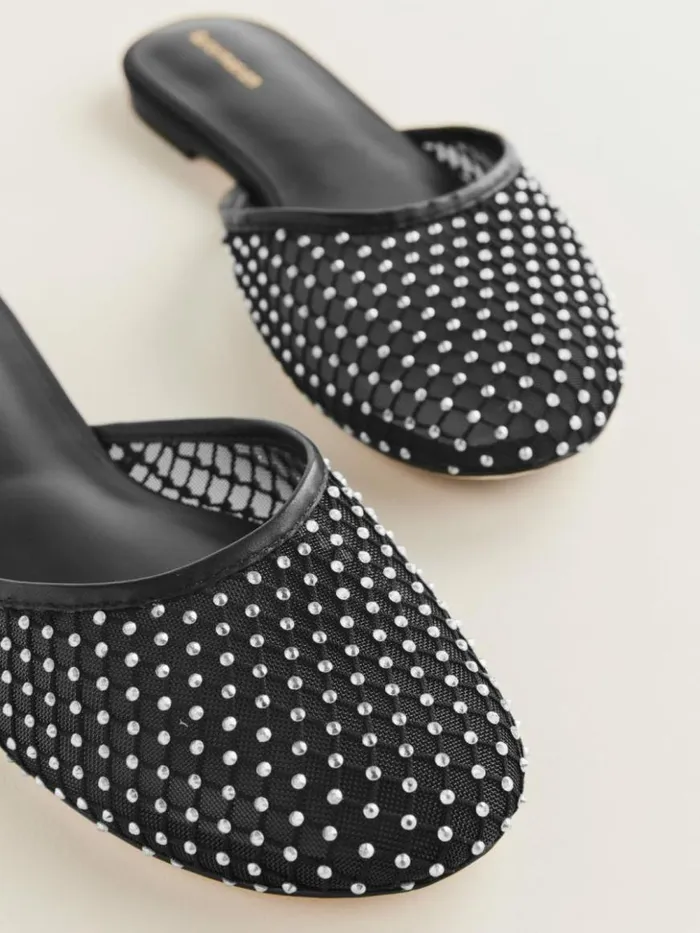 Shoes The Reformation Melly Flat Mule Black Rhinestone Mesh