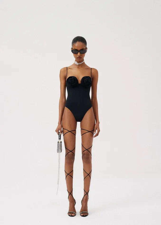 Shop Magda Butrym Beachwear 3D Flower Retro Bustier Swimsuit In Black Shop Magda Butrym Beachwear 3D Flower Retro Bustier Swimsuit In Black