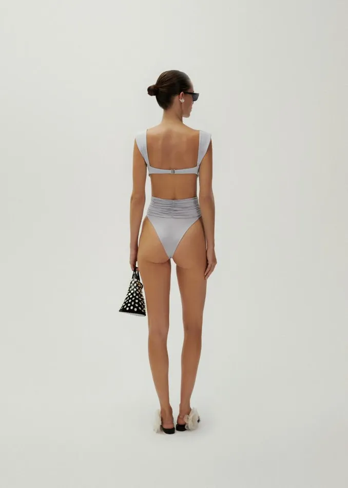 Shop Magda Butrym Beachwear Retro Bustier Swim Top In Metallic Grey Shop Magda Butrym Beachwear Retro Bustier Swim Top In Metallic Grey