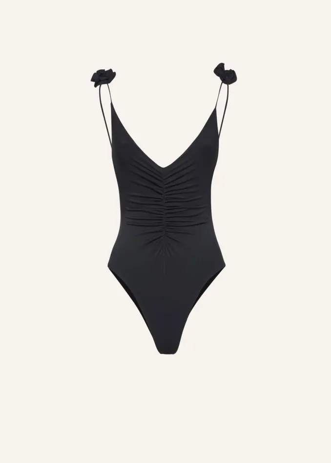 Shop Magda Butrym Beachwear V Neck Swimsuit With Rosettes In Black