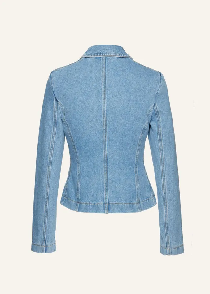 Shop Magda Butrym Denim Fitted Denim Peplum Blazer In Light Blue Shop Magda Butrym Denim Fitted Denim Peplum Blazer In Light Blue