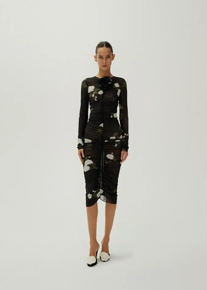 Shop Magda Butrym Dresses Gathered Jersey Midi Dress In Black Print Shop Magda Butrym Dresses Gathered Jersey Midi Dress In Black Print