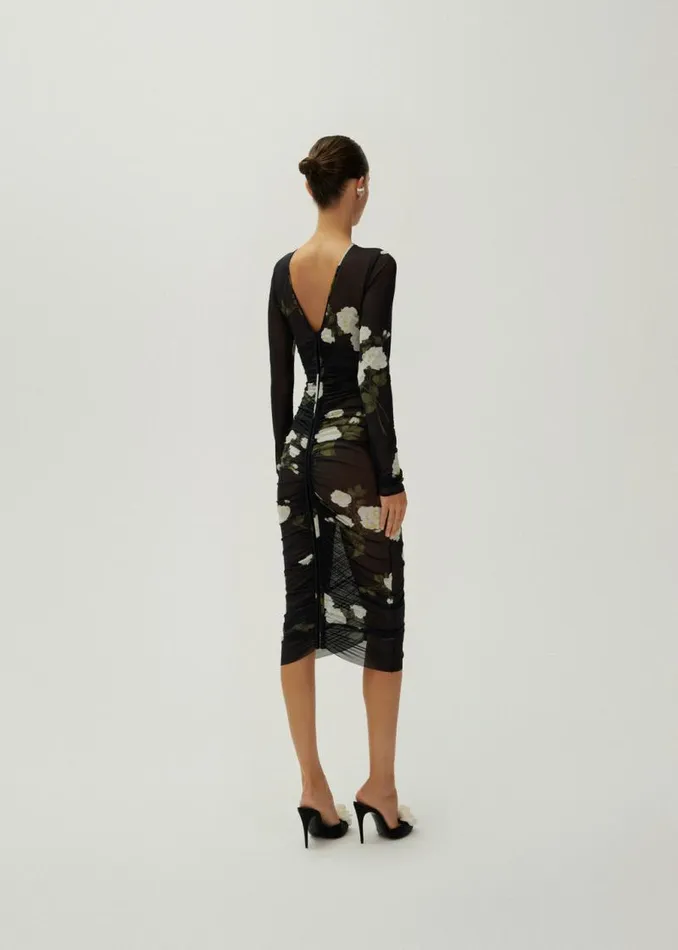 Shop Magda Butrym Dresses Gathered Jersey Midi Dress In Black Print Shop Magda Butrym Dresses Gathered Jersey Midi Dress In Black Print