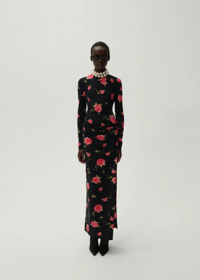 Shop Magda Butrym Dresses Gathered Long Sleeve Maxi Dress In Black Print Shop Magda Butrym Dresses Gathered Long Sleeve Maxi Dress In Black Print