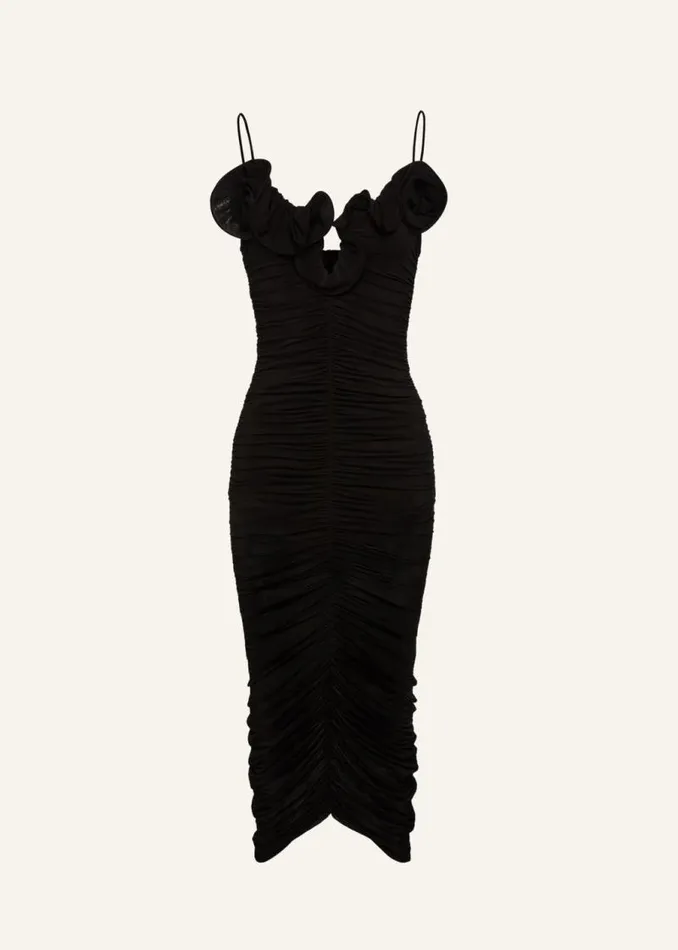 Shop Magda Butrym Dresses Ruched Ruffle Midi Dress In Black