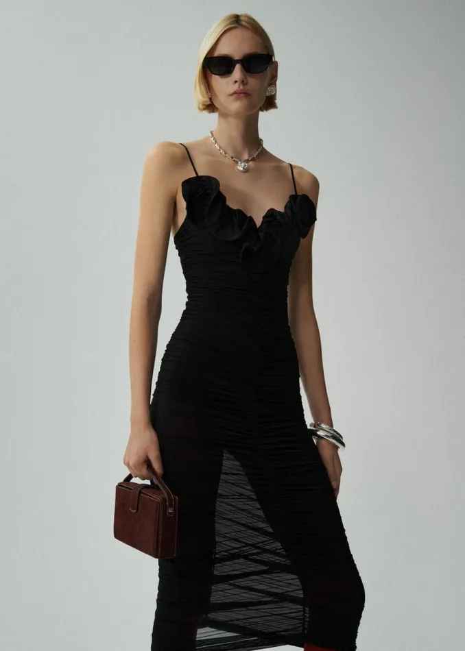 Shop Magda Butrym Dresses Ruched Ruffle Midi Dress In Black Shop Magda Butrym Dresses Ruched Ruffle Midi Dress In Black