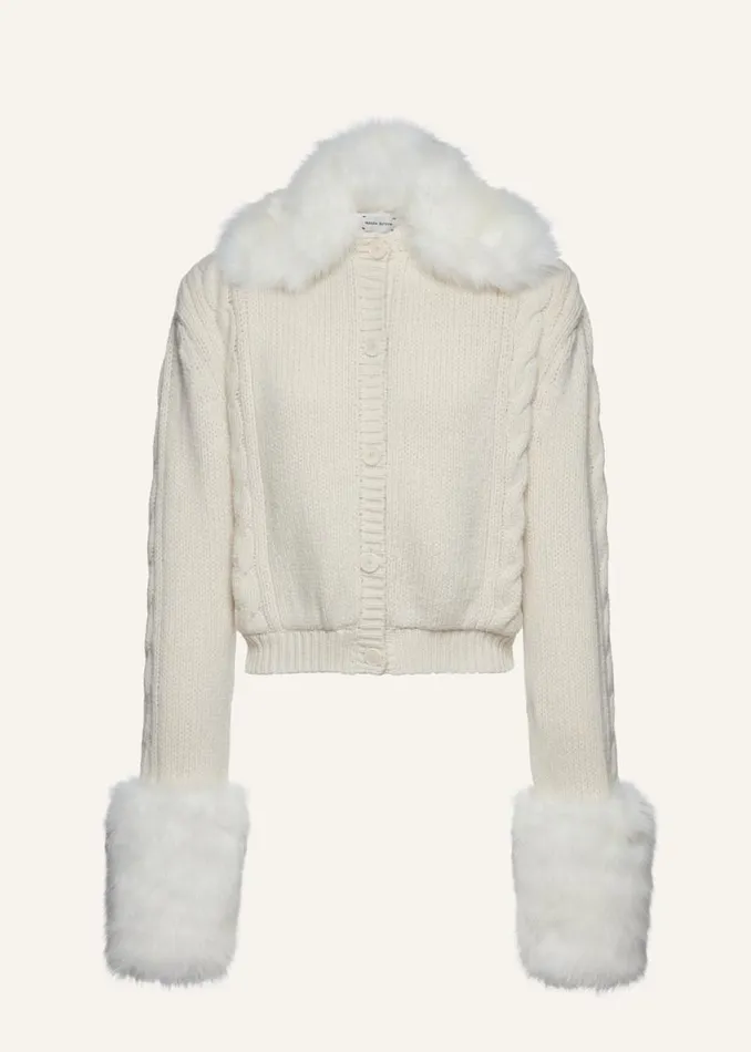 Shop Magda Butrym Knitwear Faux Fur Trim Cable Knit Cardigan In Cream