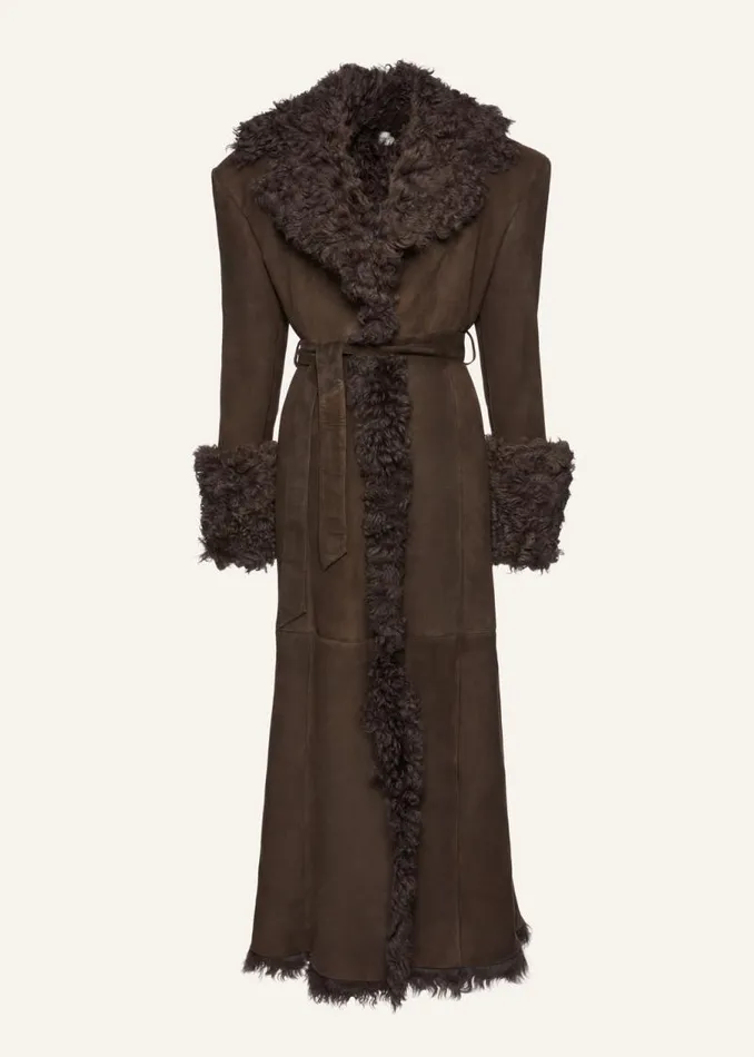 Shop Magda Butrym Leather And Shearling Long Belted Suede Shearling Coat In Brown Shop Magda Butrym Leather And Shearling Long Belted Suede Shearling Coat In Brown