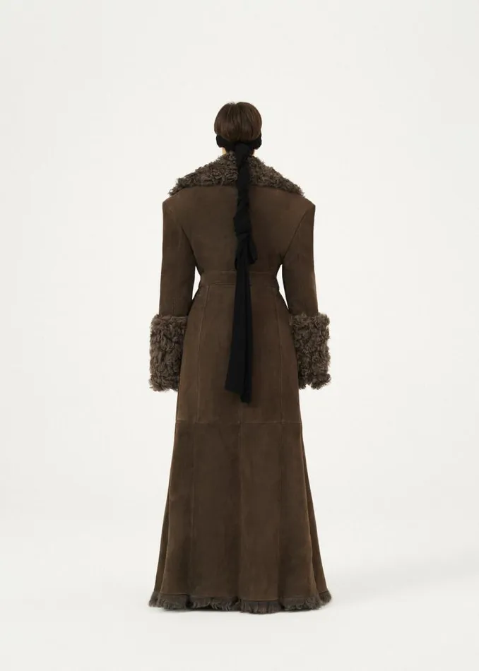 Shop Magda Butrym Leather And Shearling Long Belted Suede Shearling Coat In Brown Shop Magda Butrym Leather And Shearling Long Belted Suede Shearling Coat In Brown
