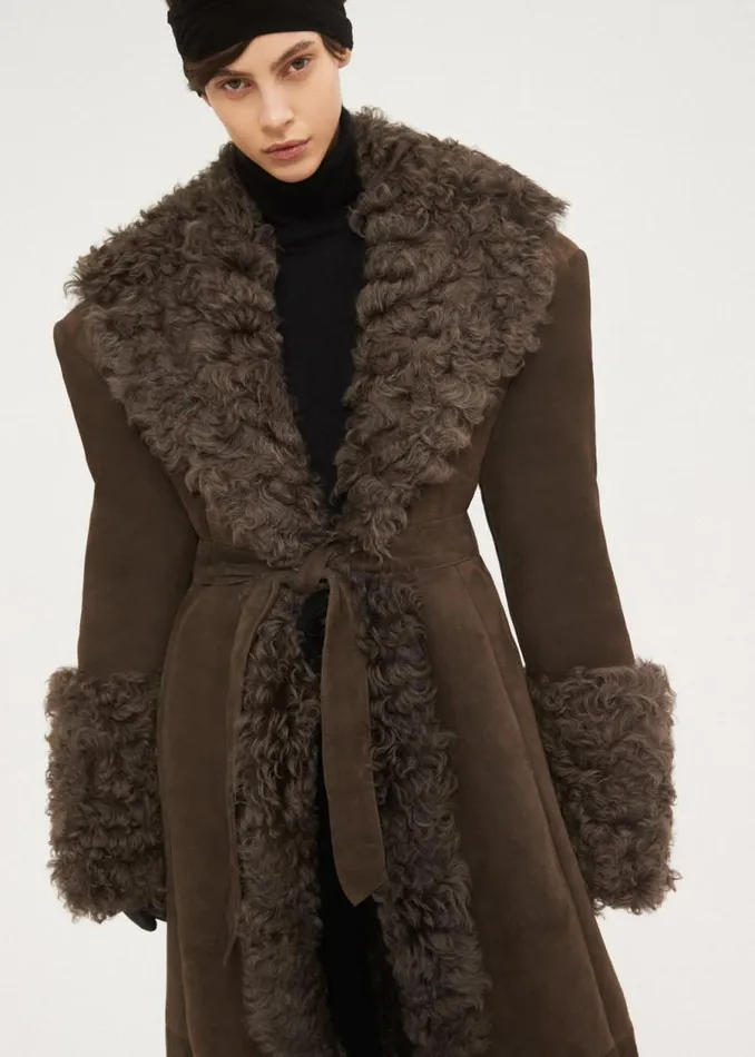 Shop Magda Butrym Leather And Shearling Long Belted Suede Shearling Coat In Brown Shop Magda Butrym Leather And Shearling Long Belted Suede Shearling Coat In Brown