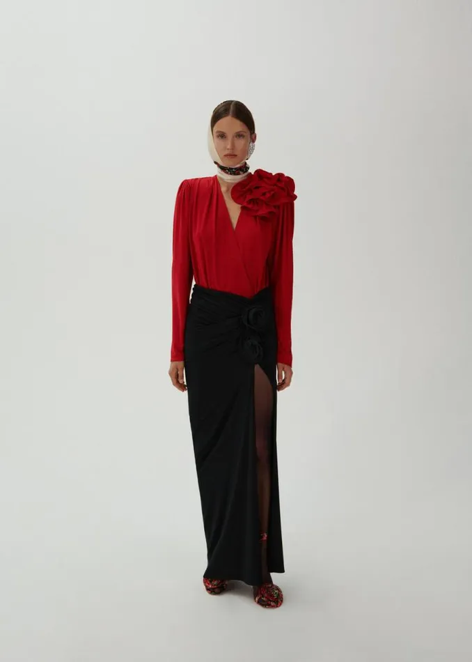 Shop Magda Butrym Tops Classic Jersey Shirred Flower Blouse In Red Shop Magda Butrym Tops Classic Jersey Shirred Flower Blouse In Red