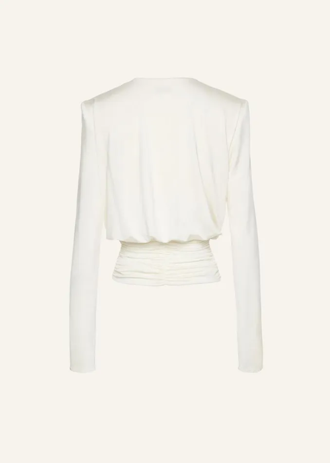 Shop Magda Butrym Tops Long Sleeve Draped Jersey Blouse In Cream Shop Magda Butrym Tops Long Sleeve Draped Jersey Blouse In Cream