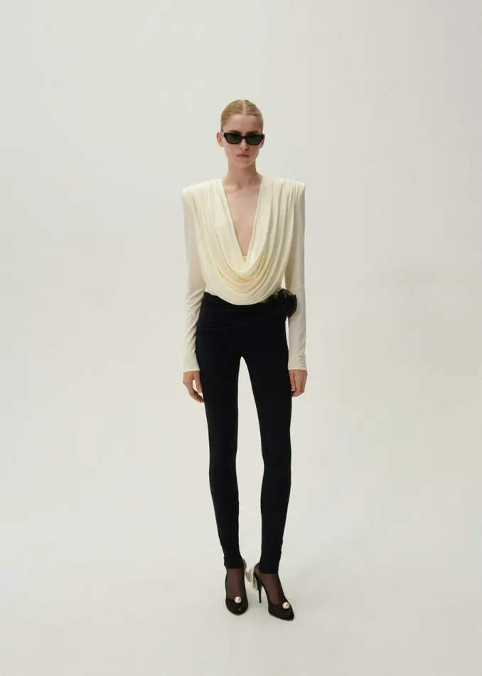 Shop Magda Butrym Tops Long Sleeve Draped Jersey Blouse In Cream Shop Magda Butrym Tops Long Sleeve Draped Jersey Blouse In Cream