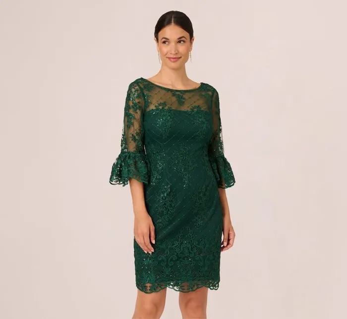 Short Dresses Womens Adrianna Papell Embroidered Sequin Dress With Sheer Bell Sleeves In Deep Forest