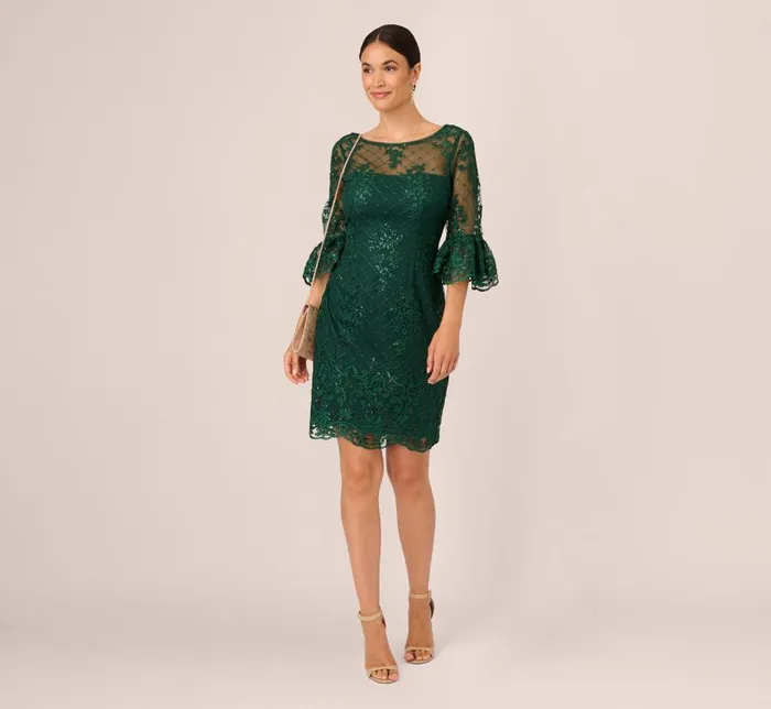 Short Dresses Womens Adrianna Papell Embroidered Sequin Dress With Sheer Bell Sleeves In Deep Forest