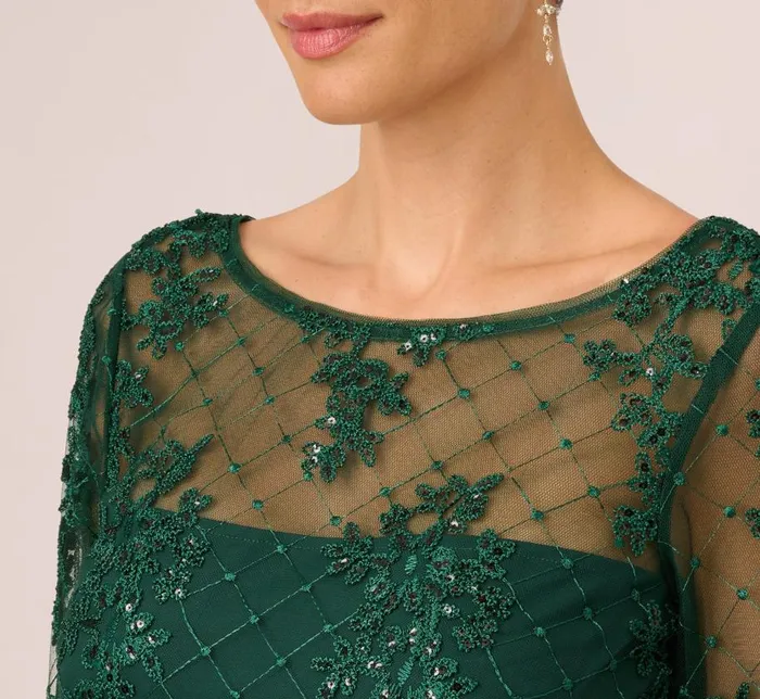 Short Dresses Womens Adrianna Papell Embroidered Sequin Dress With Sheer Bell Sleeves In Deep Forest