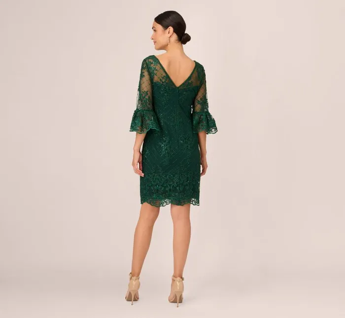 Short Dresses Womens Adrianna Papell Embroidered Sequin Dress With Sheer Bell Sleeves In Deep Forest