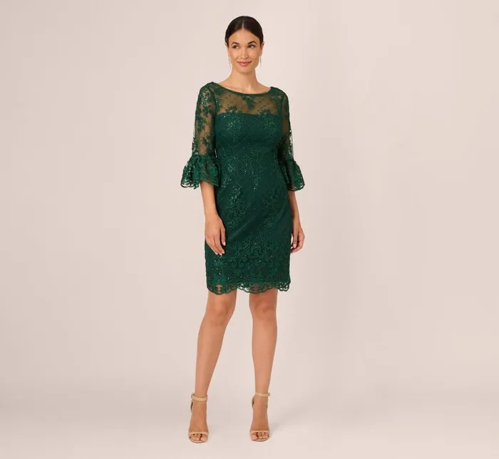 Short Dresses Womens Adrianna Papell Embroidered Sequin Dress With Sheer Bell Sleeves In Deep Forest