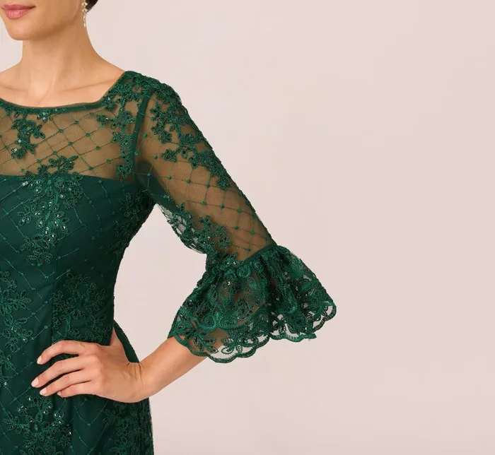 Short Dresses Womens Adrianna Papell Embroidered Sequin Dress With Sheer Bell Sleeves In Deep Forest