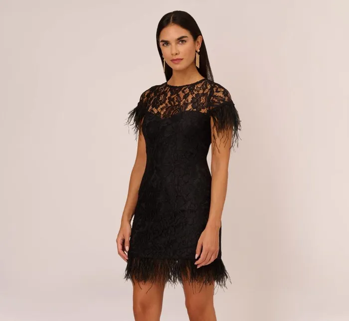 Short Dresses Womens Adrianna Papell Floral Lace And Feather Trimmed Short Sheath Cocktail Dress In Black