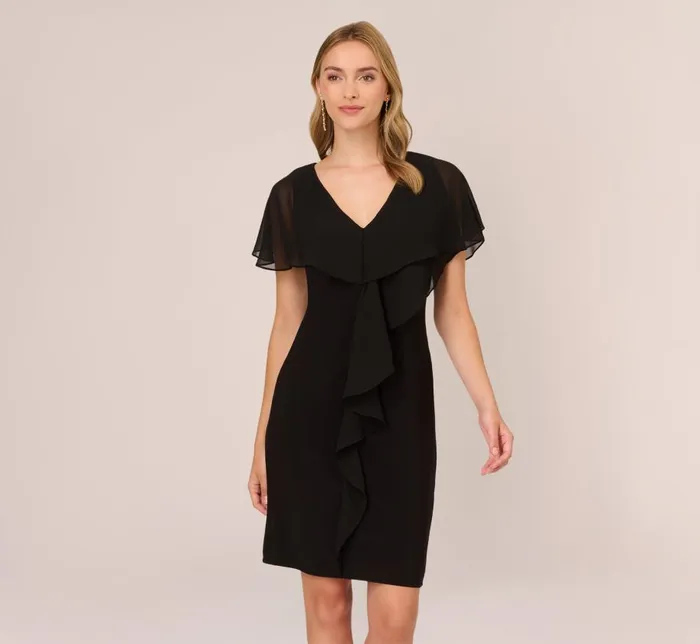 Short Dresses Womens Adrianna Papell Jersey And Chiffon Midi Length Ruffled Sheath Dress In Black