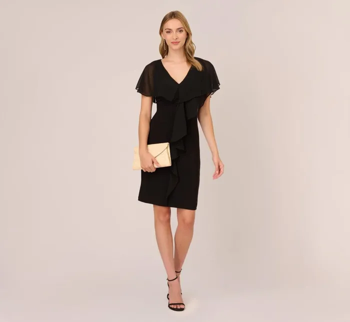 Short Dresses Womens Adrianna Papell Jersey And Chiffon Midi Length Ruffled Sheath Dress In Black