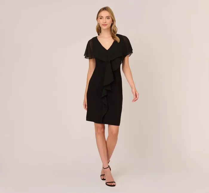 Short Dresses Womens Adrianna Papell Jersey And Chiffon Midi Length Ruffled Sheath Dress In Black