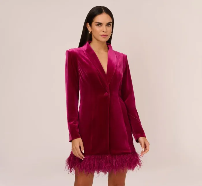 Short Dresses Womens Adrianna Papell Long Sleeve Velvet Tuxedo Dress With Feather Hem In Magenta