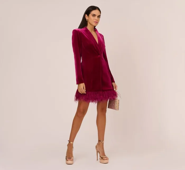 Short Dresses Womens Adrianna Papell Long Sleeve Velvet Tuxedo Dress With Feather Hem In Magenta