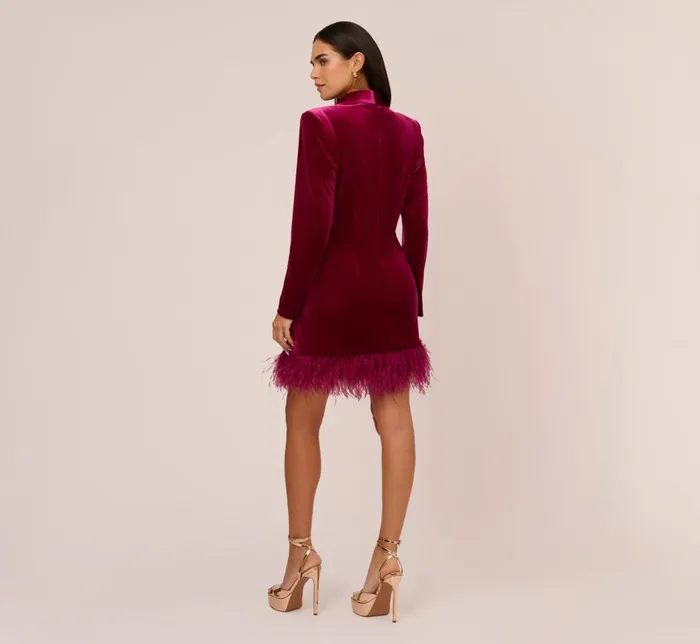 Short Dresses Womens Adrianna Papell Long Sleeve Velvet Tuxedo Dress With Feather Hem In Magenta