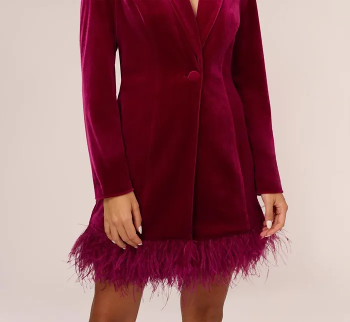 Short Dresses Womens Adrianna Papell Long Sleeve Velvet Tuxedo Dress With Feather Hem In Magenta