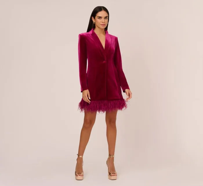 Short Dresses Womens Adrianna Papell Long Sleeve Velvet Tuxedo Dress With Feather Hem In Magenta