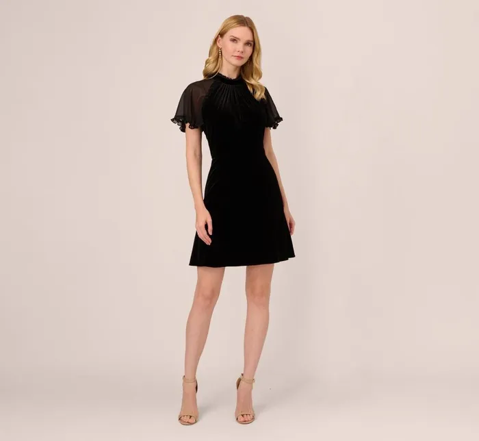 Short Dresses Womens Adrianna Papell Mock Neck Velvet Dress With Sheer Short Sleeves In Black