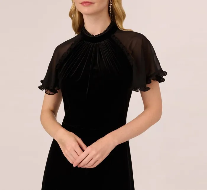 Short Dresses Womens Adrianna Papell Mock Neck Velvet Dress With Sheer Short Sleeves In Black